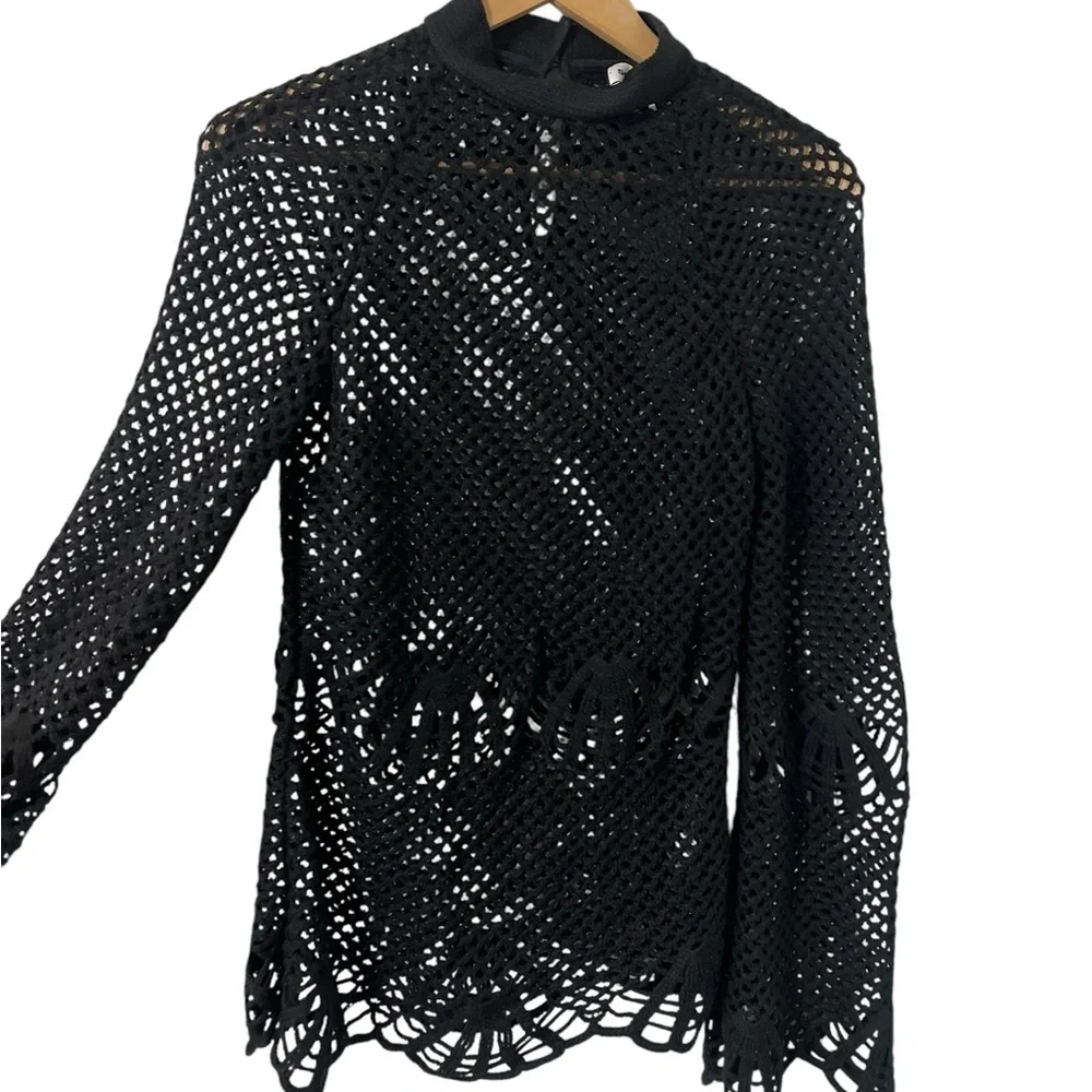 SELF-PORTRAIT Sheer Crochet Lace High Neck Black Sweater Top